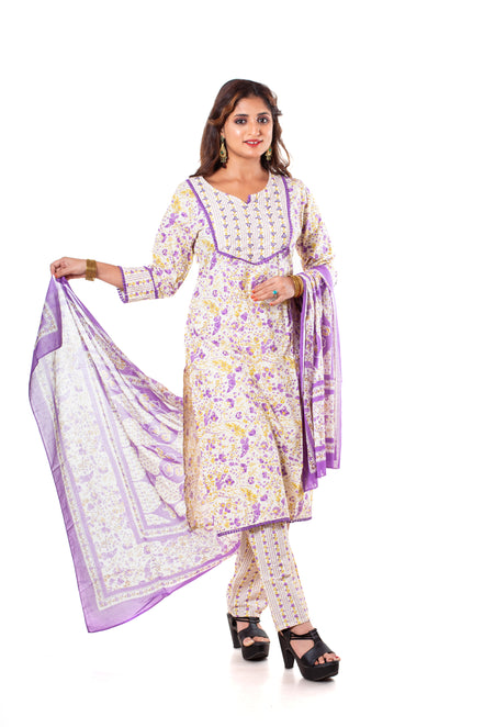 Ivory Purple Floral Print Cotton Salwar Kameez Set for Women