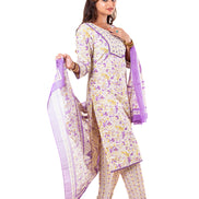 Ivory Purple Floral Print Cotton Salwar Kameez Set for Women