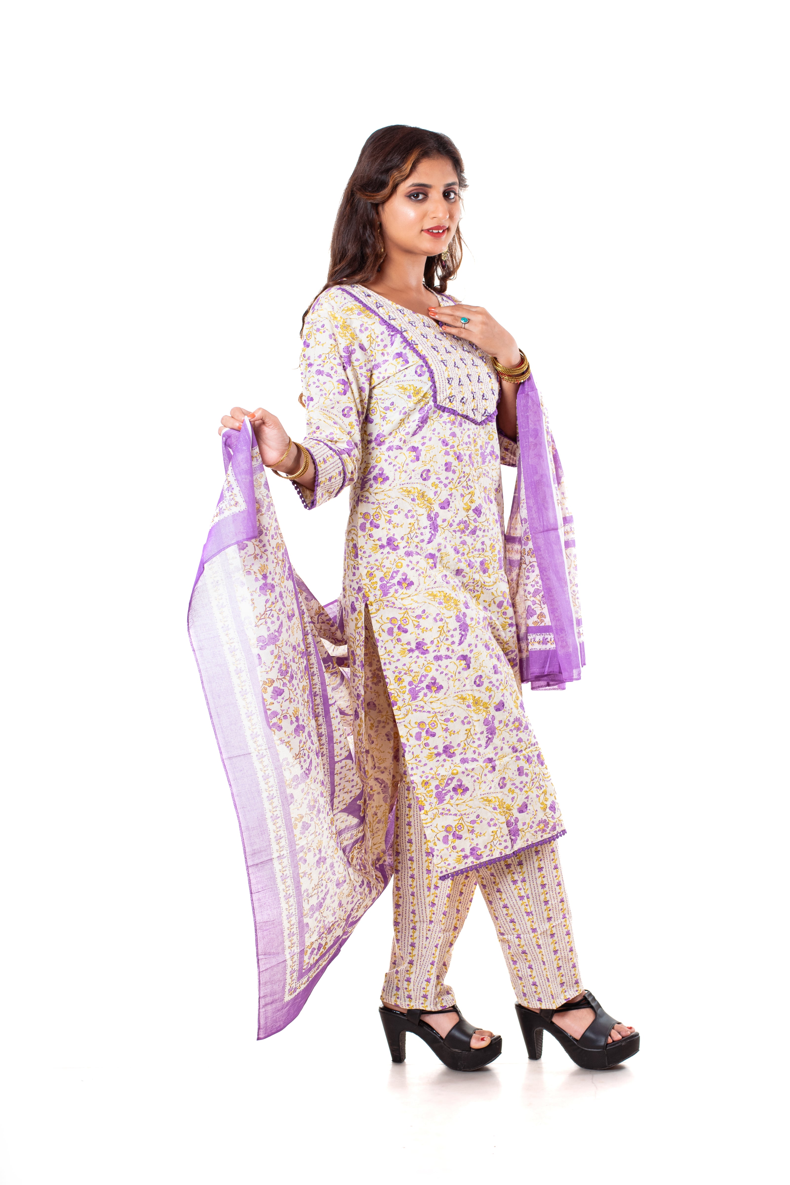 Ivory Purple Floral Print Cotton Salwar Kameez Set for Women