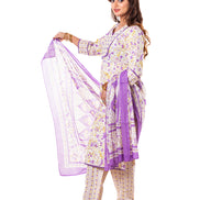 Ivory Purple Floral Print Cotton Salwar Kameez Set for Women