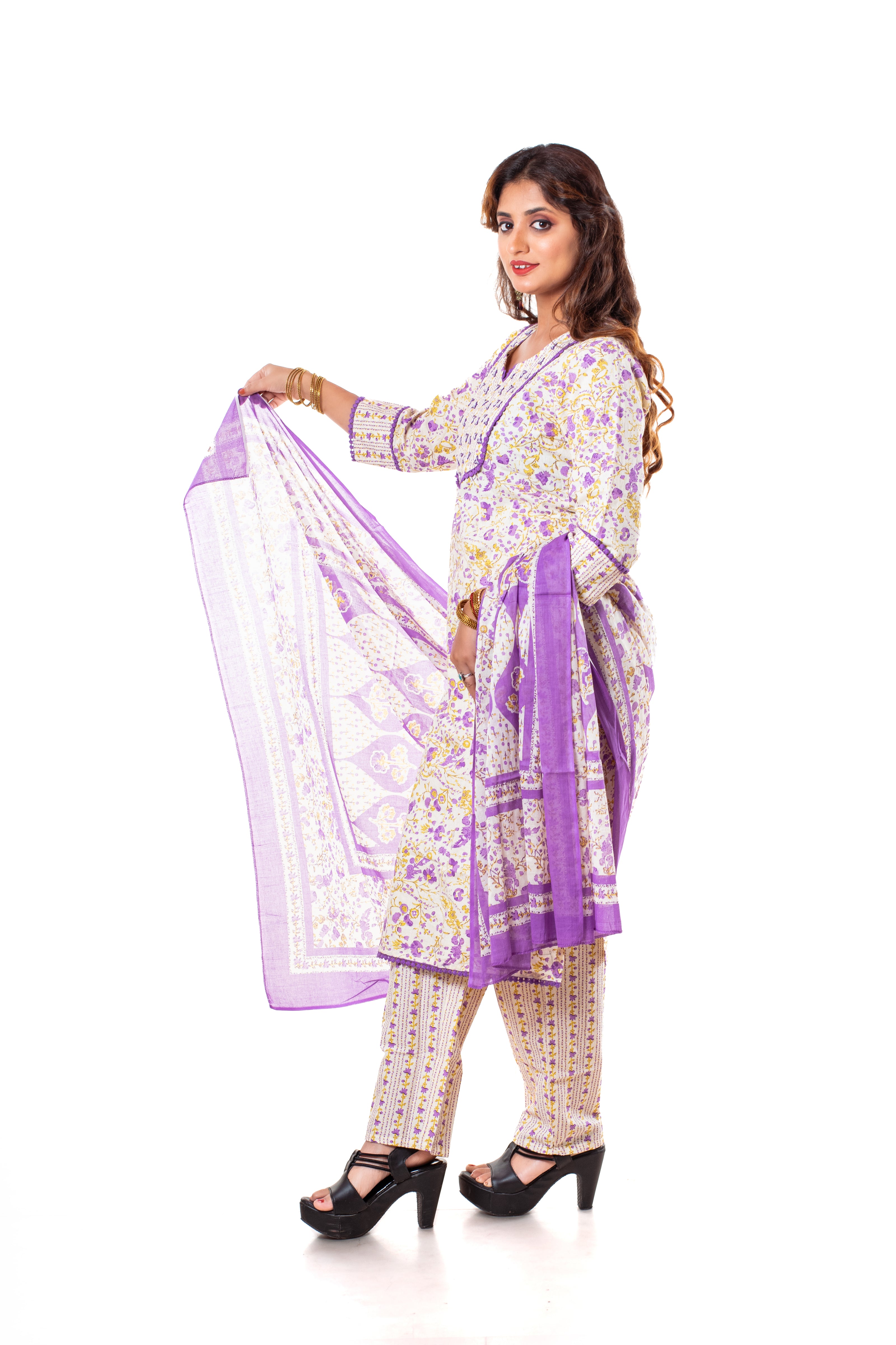 Ivory Purple Floral Print Cotton Salwar Kameez Set for Women