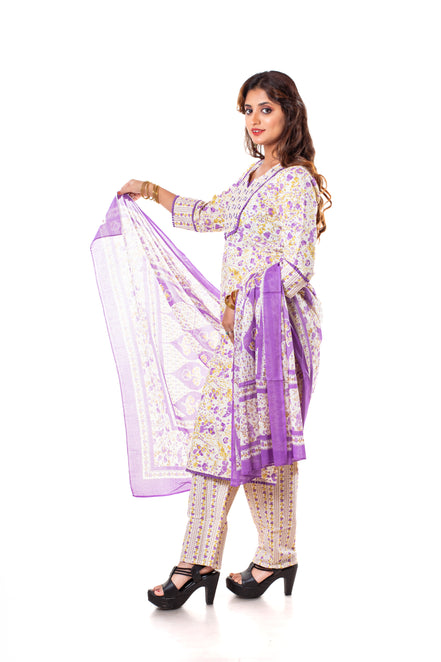 Ivory Purple Floral Print Cotton Salwar Kameez Set for Women