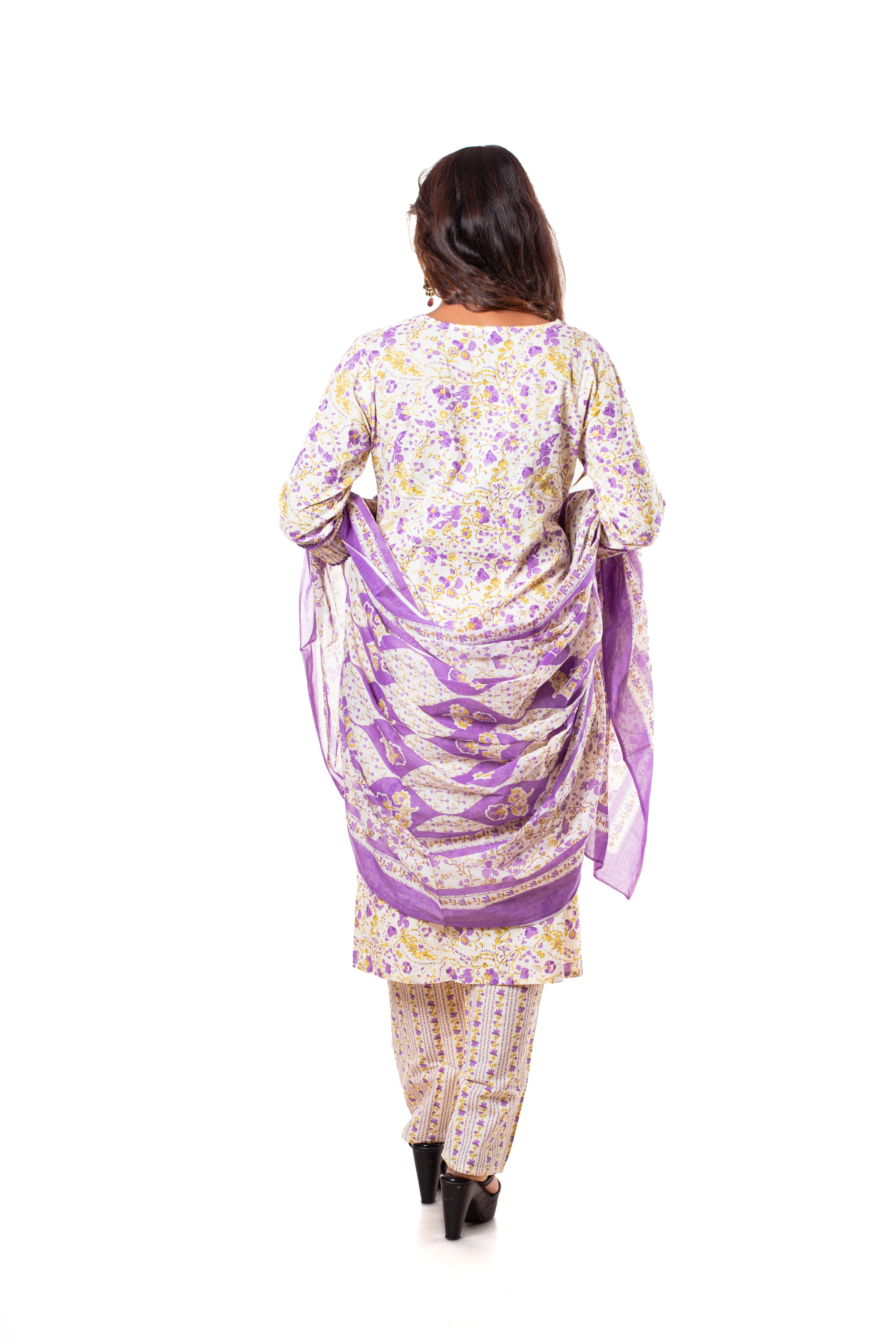 Ivory Purple Floral Print Cotton Salwar Kameez Set for Women