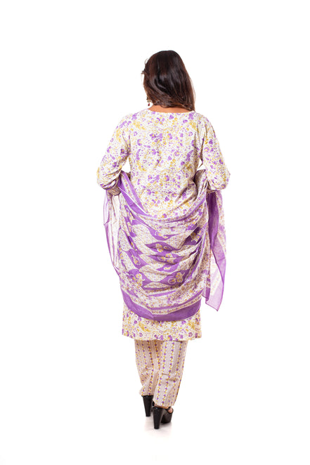 Ivory Purple Floral Print Cotton Salwar Kameez Set for Women