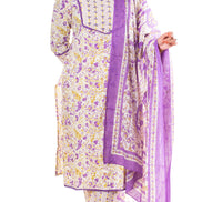 Ivory Purple Floral Print Cotton Salwar Kameez Set for Women