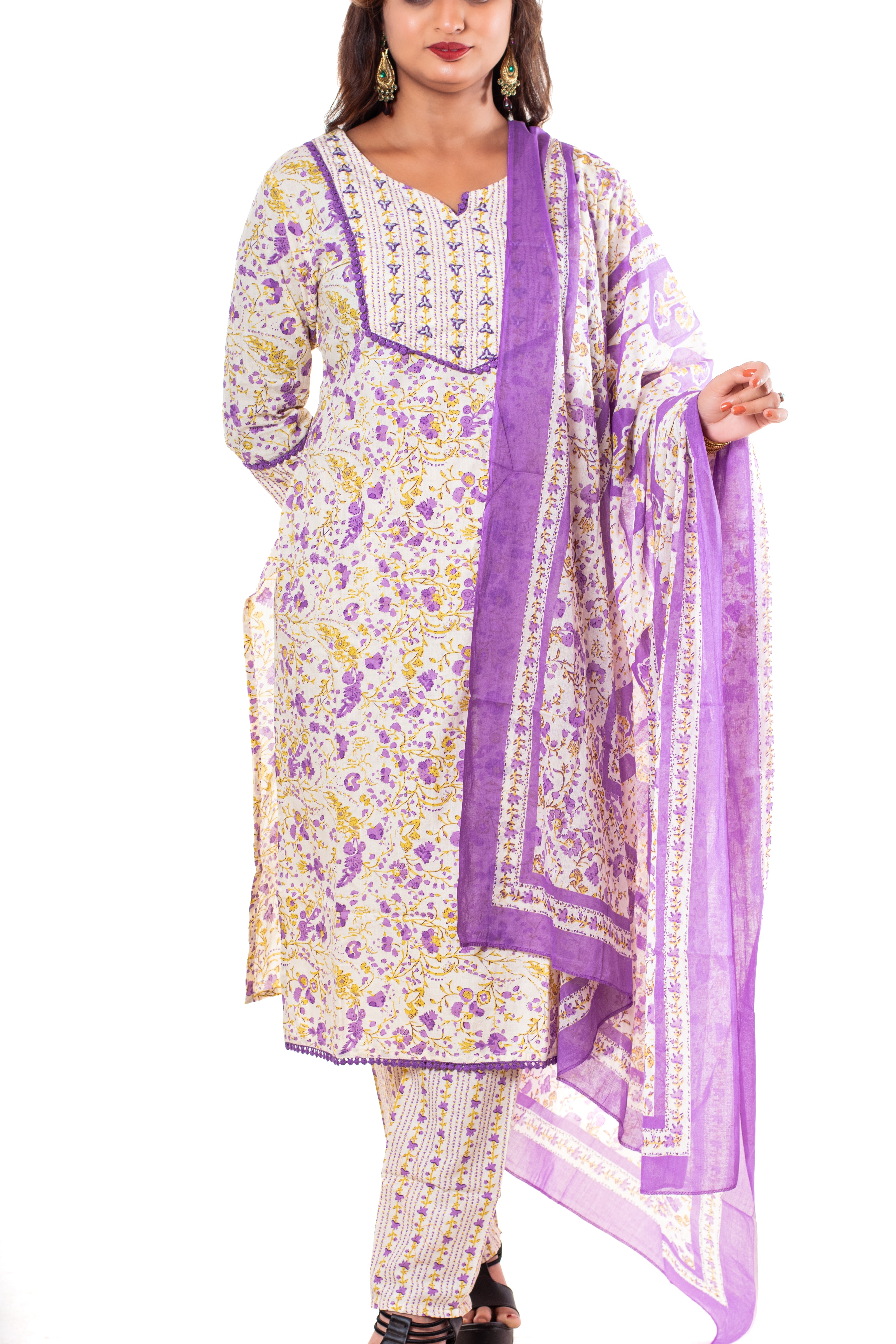 Ivory Purple Floral Print Cotton Salwar Kameez Set for Women