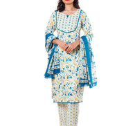 Teal Blue Floral Print Cotton Salwar Kameez Set