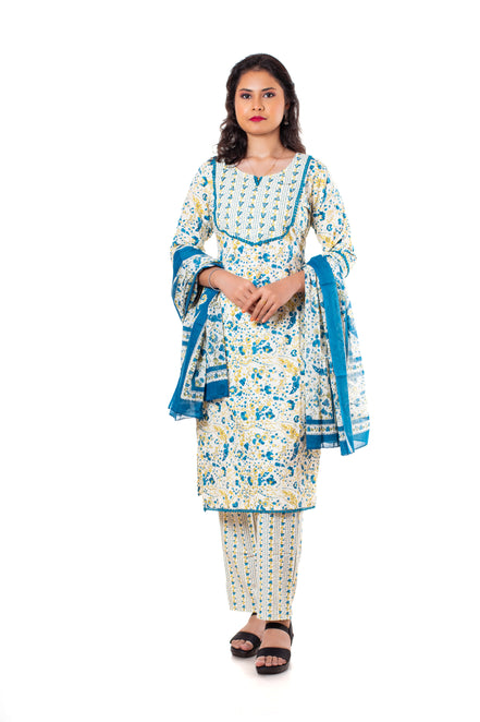 Teal Blue Floral Print Cotton Salwar Kameez Set