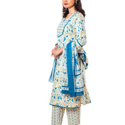 Teal Blue Floral Print Cotton Salwar Kameez Set