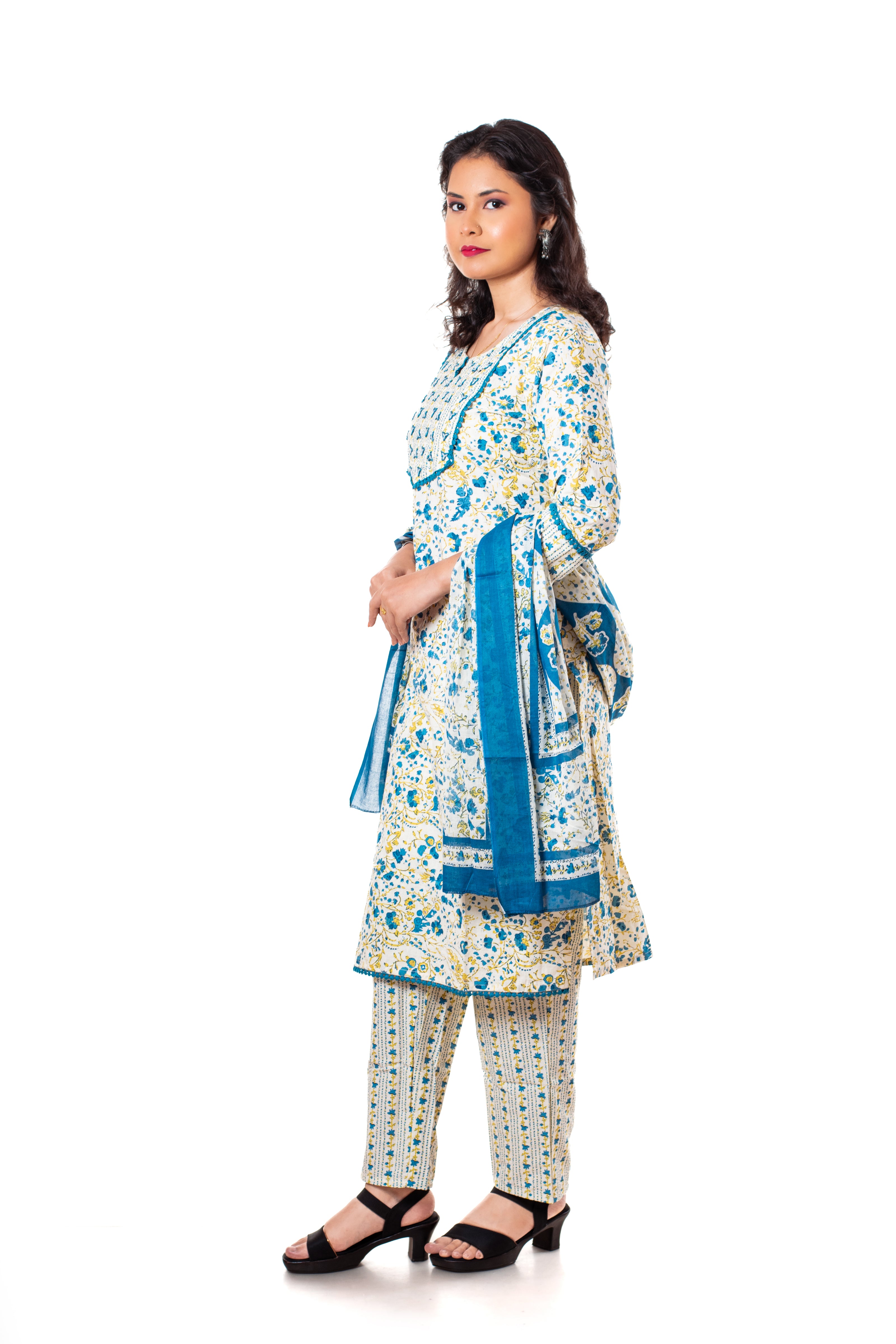 Teal Blue Floral Print Cotton Salwar Kameez Set