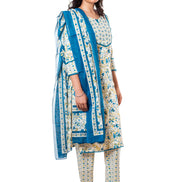 Teal Blue Floral Print Cotton Salwar Kameez Set