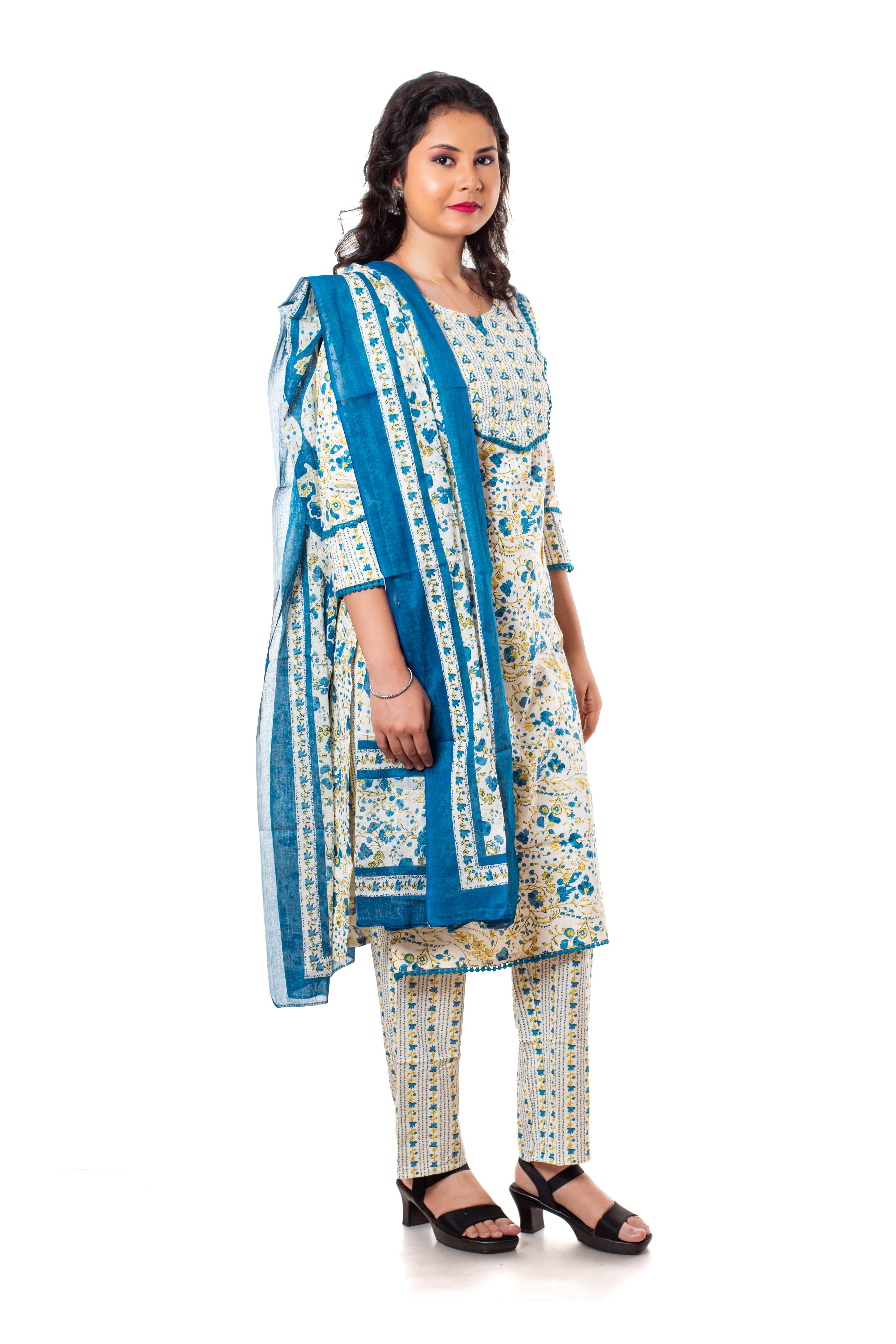 Teal Blue Floral Print Cotton Salwar Kameez Set