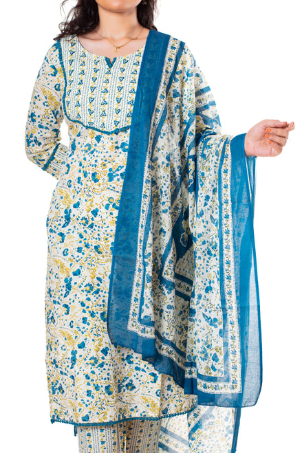 Teal Blue Floral Print Cotton Salwar Kameez Set