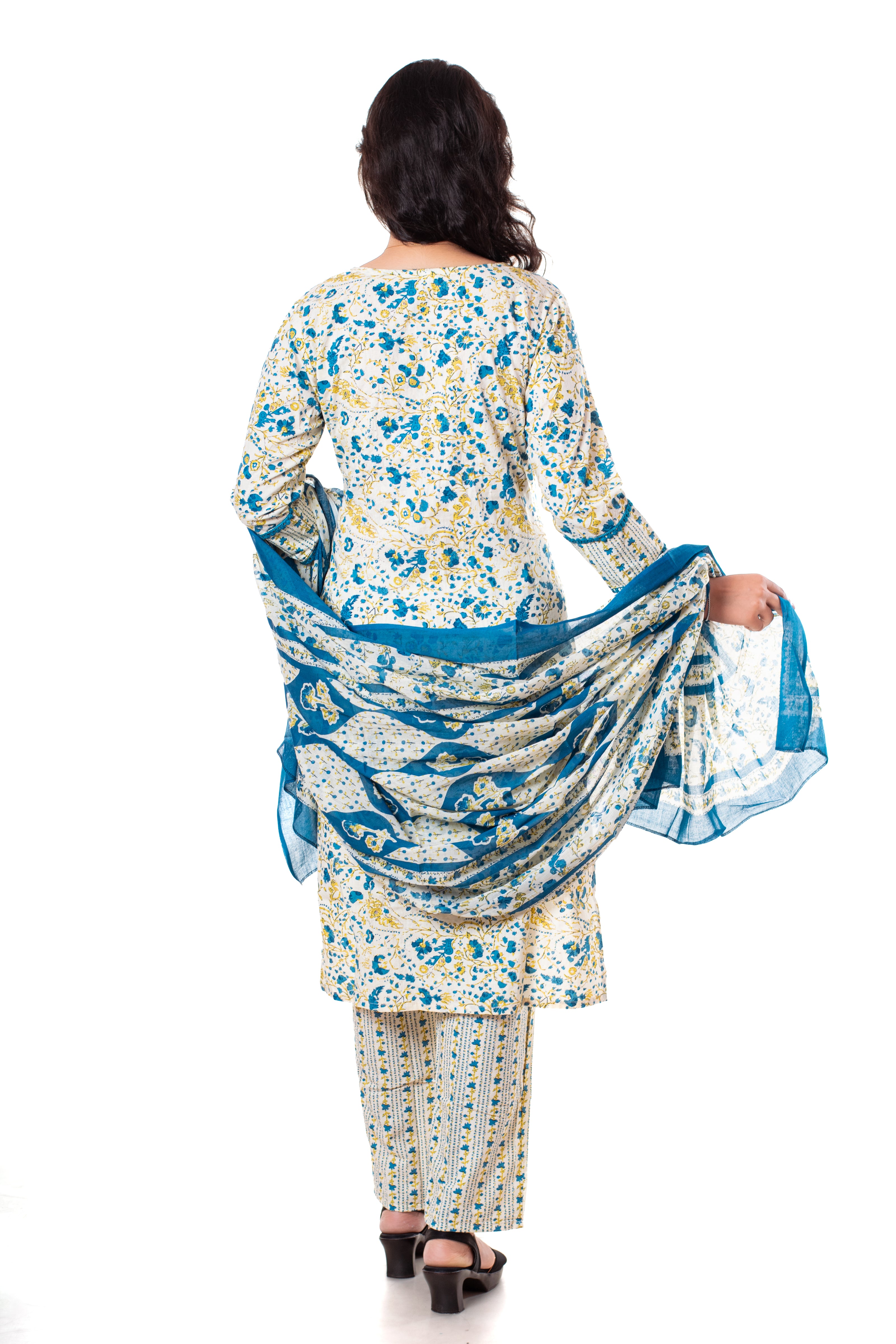 Teal Blue Floral Print Cotton Salwar Kameez Set