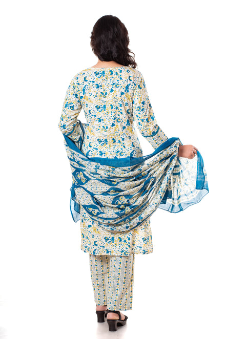 Teal Blue Floral Print Cotton Salwar Kameez Set
