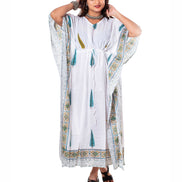 White Cypress Print Cotton Kaftan Dress