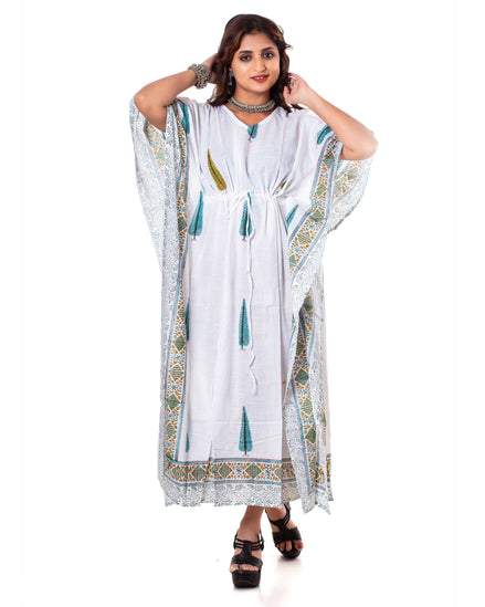 White Cypress Print Cotton Kaftan Dress