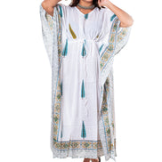 White Cypress Print Cotton Kaftan Dress