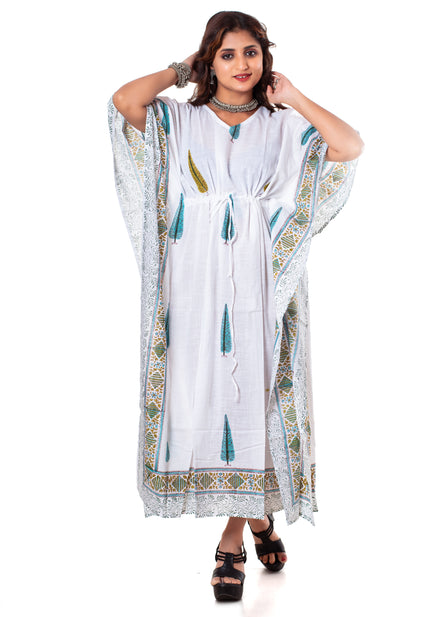 White Cypress Print Cotton Kaftan Dress