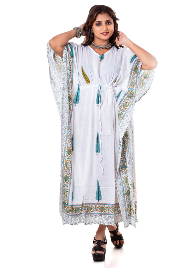 White Cypress Print Cotton Kaftan Dress