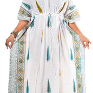White Cypress Print Cotton Kaftan Dress