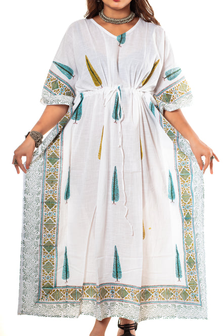 White Cypress Print Cotton Kaftan Dress