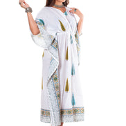 White Cypress Print Cotton Kaftan Dress