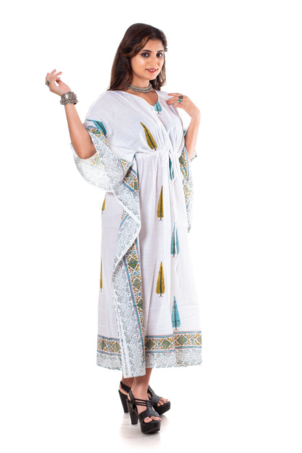 White Cypress Print Cotton Kaftan Dress