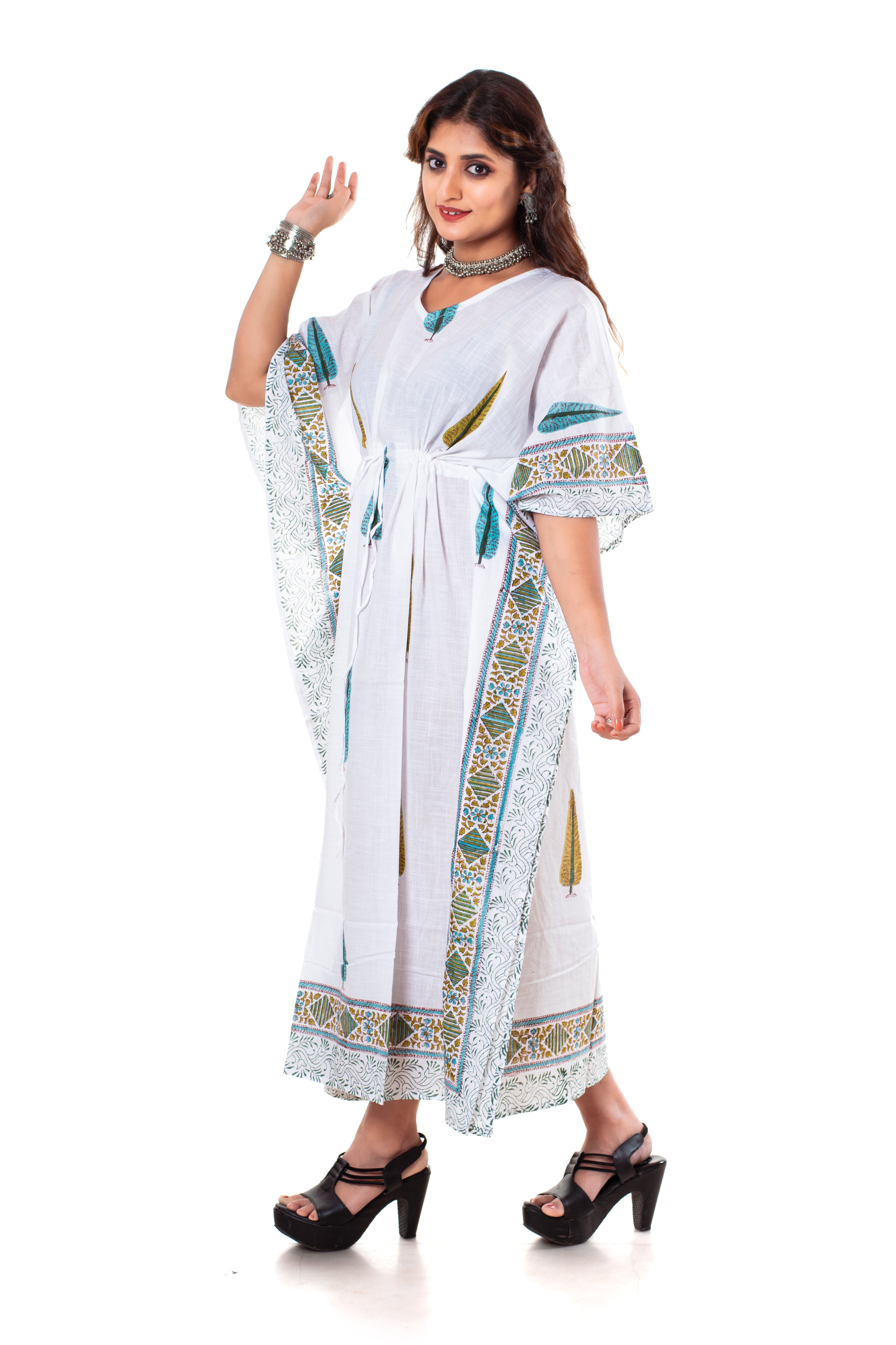 White Cypress Print Cotton Kaftan Dress