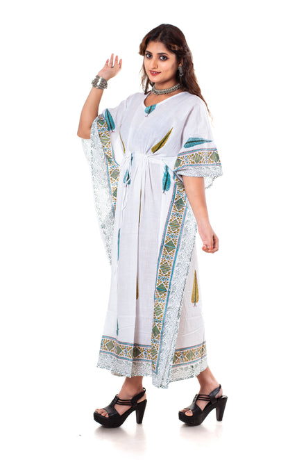 White Cypress Print Cotton Kaftan Dress
