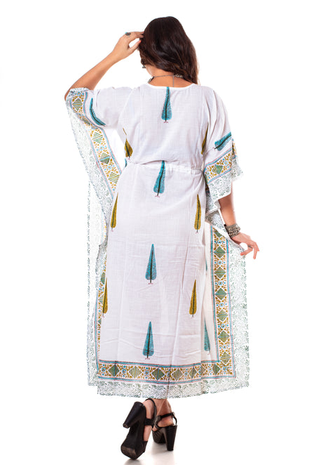 White Cypress Print Cotton Kaftan Dress