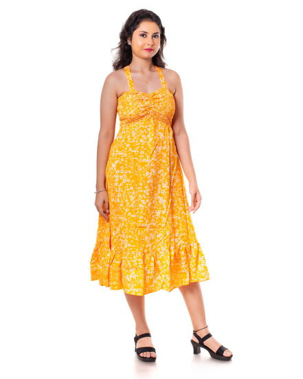 Women Yellow Printed A-Line Midi Dress