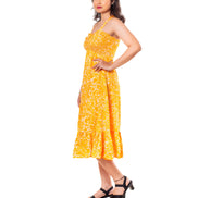 Women Yellow Printed A-Line Midi Dress