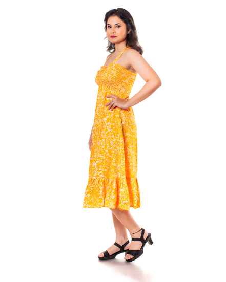 Women Yellow Printed A-Line Midi Dress