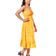 Women Yellow Printed A-Line Midi Dress