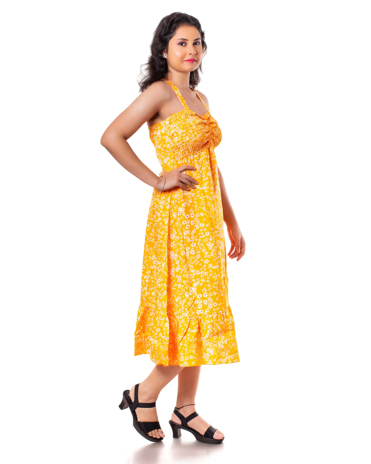 Women Yellow Printed A-Line Midi Dress