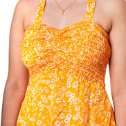 Women Yellow Printed A-Line Midi Dress