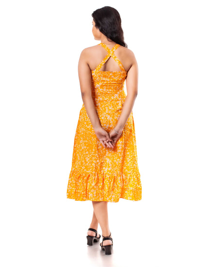 Women Yellow Printed A-Line Midi Dress