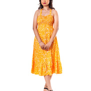 Women Yellow Printed A-Line Midi Dress