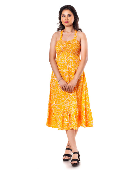 Women Yellow Printed A-Line Midi Dress