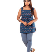 Navy Floral Print Cotton Sleeveless Short Kurti