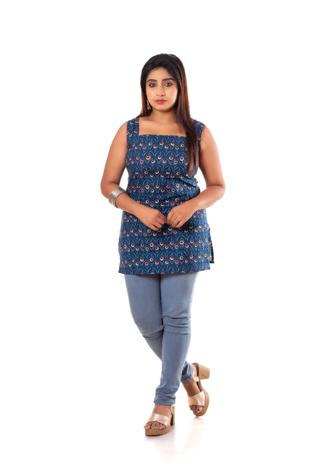 Navy Floral Print Cotton Sleeveless Short Kurti