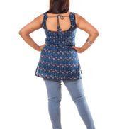 Navy Floral Print Cotton Sleeveless Short Kurti