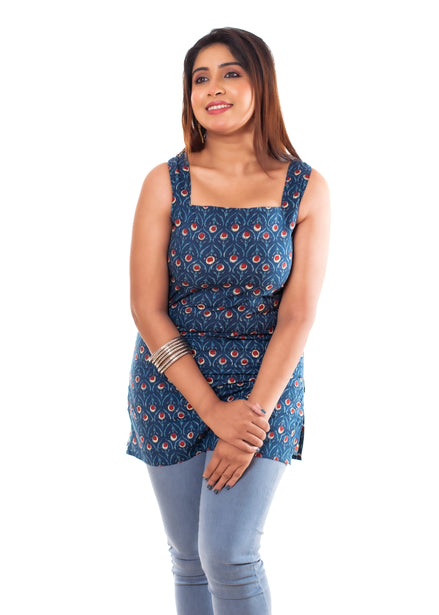 Navy Floral Print Cotton Sleeveless Short Kurti