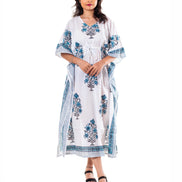 White Blue Floral Print Cotton Kaftan Dress