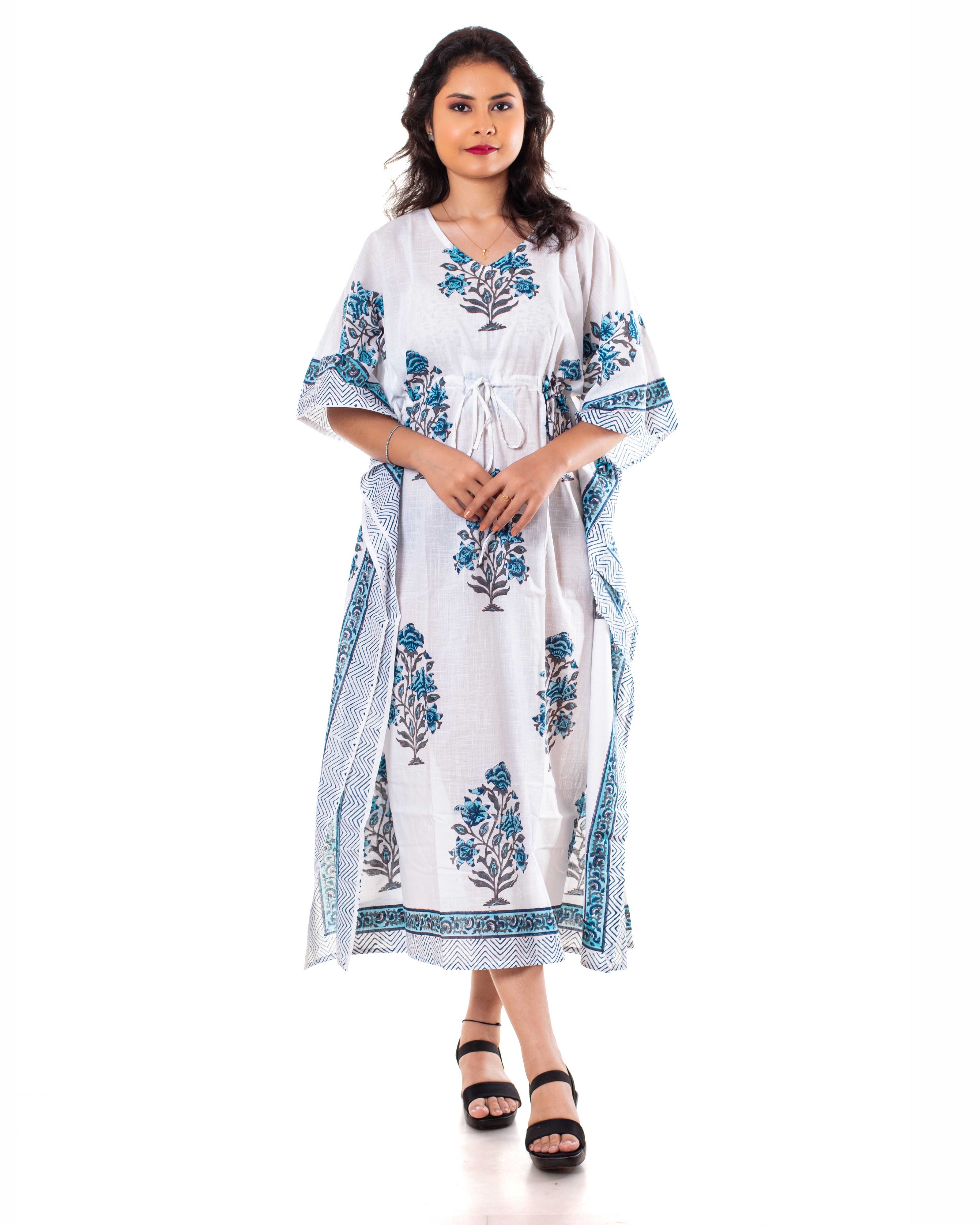 White Blue Floral Print Cotton Kaftan Dress