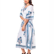White Blue Floral Print Cotton Kaftan Dress