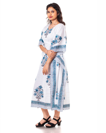 White Blue Floral Print Cotton Kaftan Dress