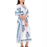 White Blue Floral Print Cotton Kaftan Dress
