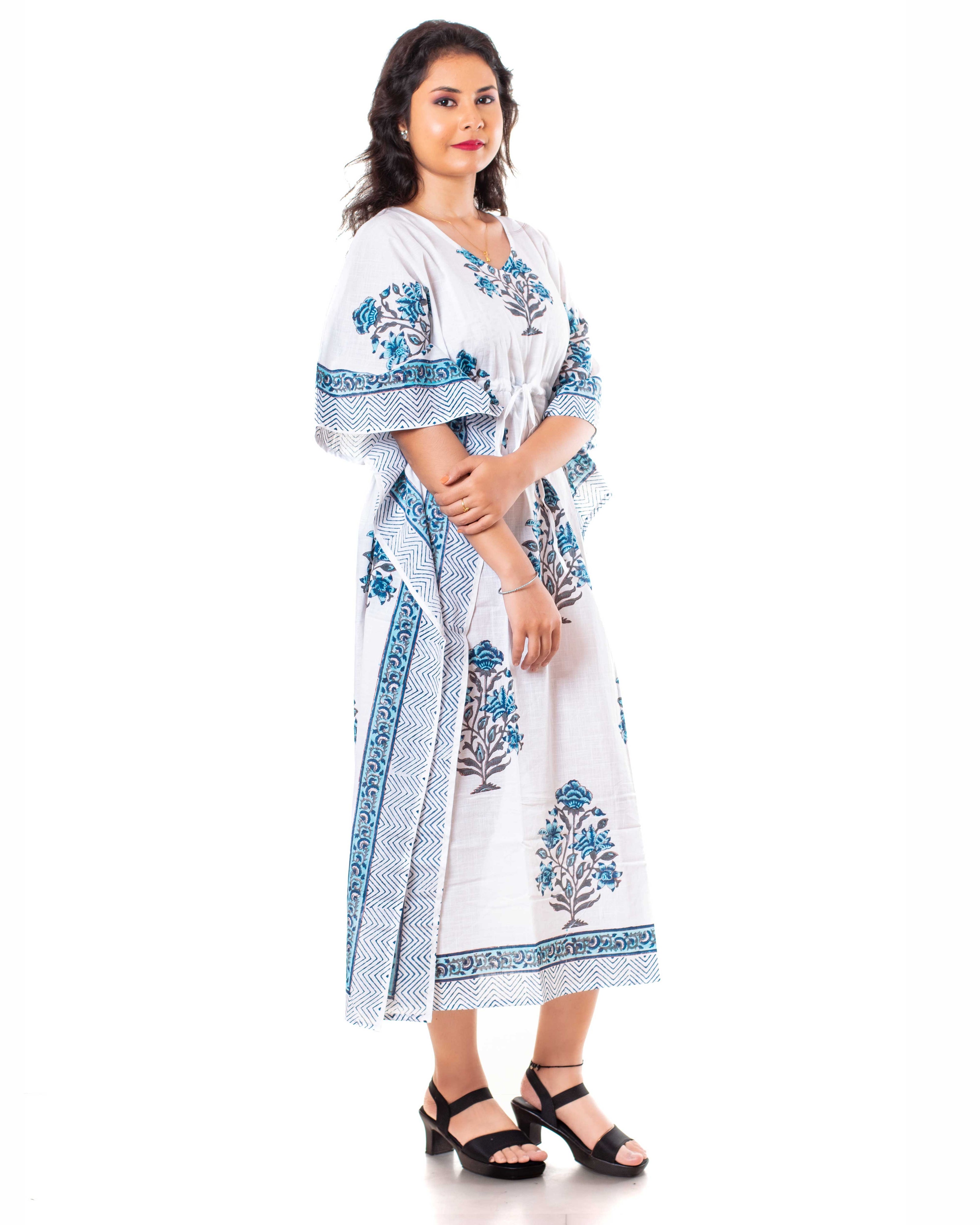White Blue Floral Print Cotton Kaftan Dress